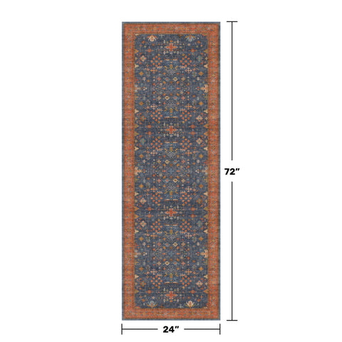 Hazo Haus navy blue runner rug kitchen-use image highlights durable low-pile design and easy cleaning.