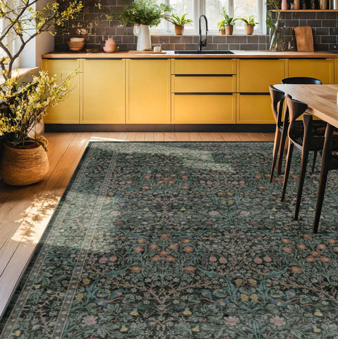 Hazo Haus non-slip backing keeps the rug in place in high-traffic dining areas.