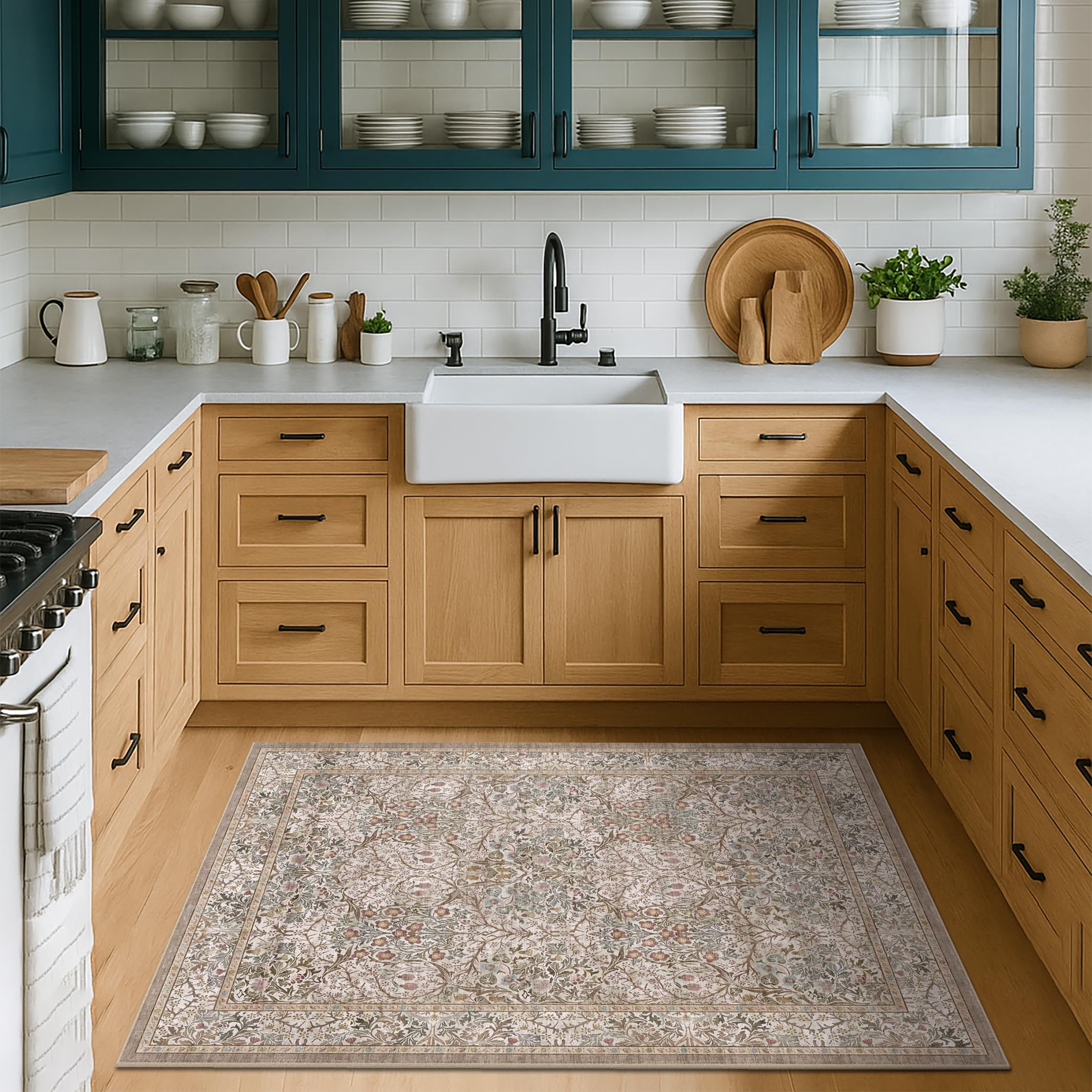 Hazo Haus rug with non-slip backing secures placement on tile or wood floors.