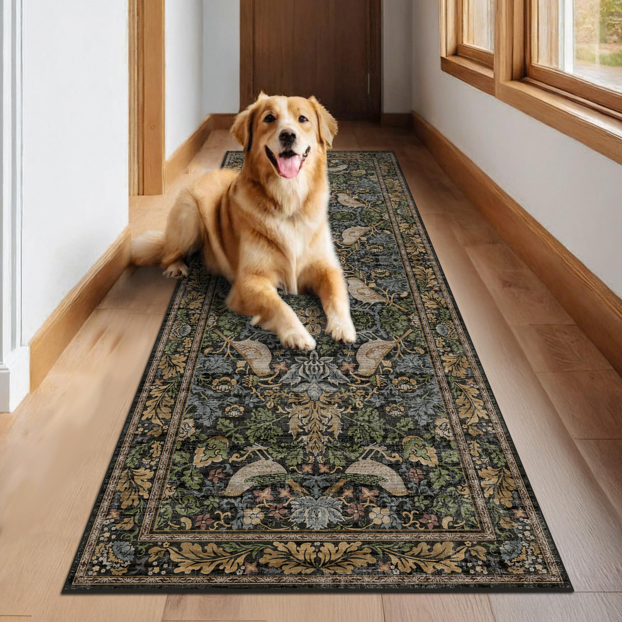 Hazo Haus floral birds motif rug resists wear in high-traffic entries and hallways.