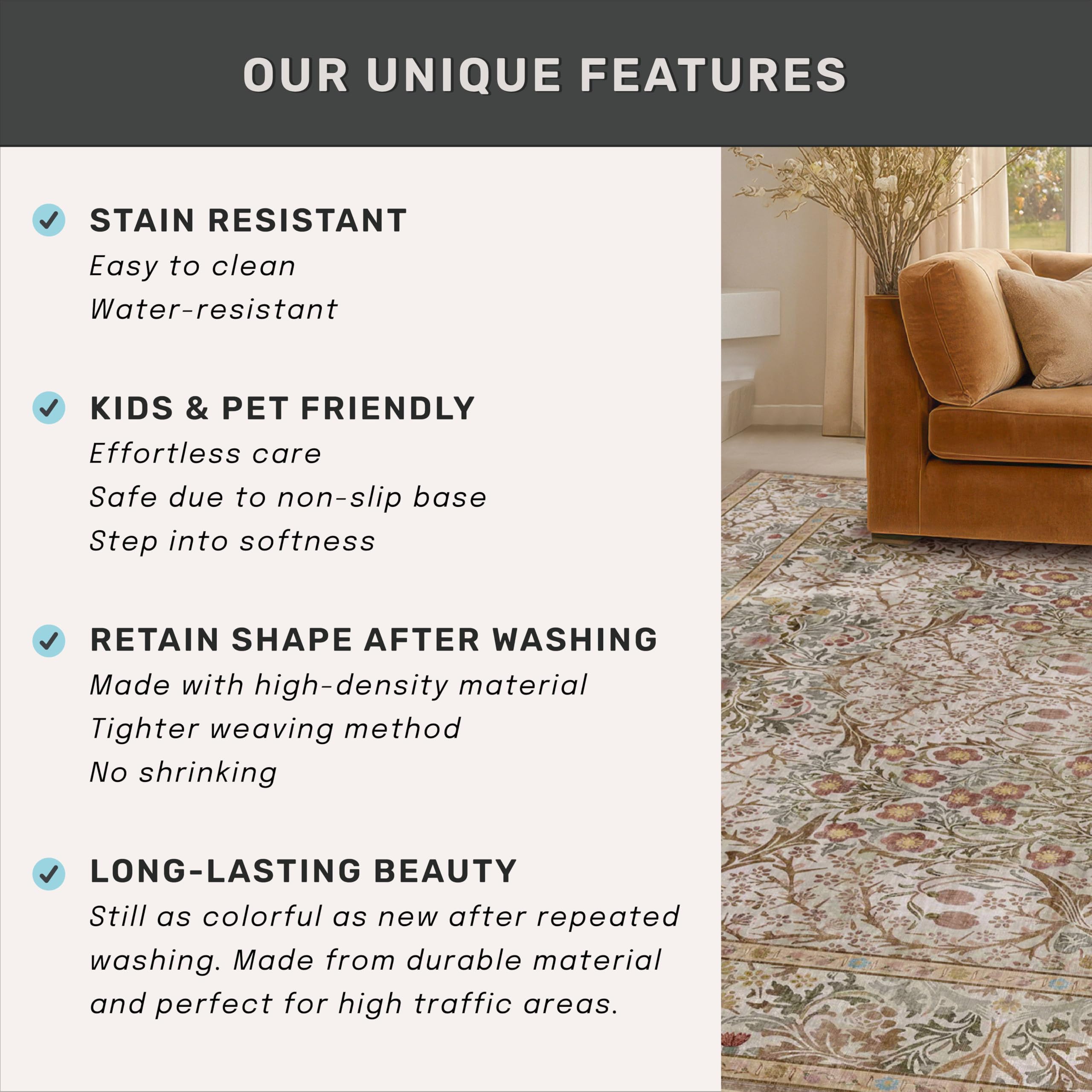 Pet-friendly Hazo Haus rug resists hair and stains for busy homes.