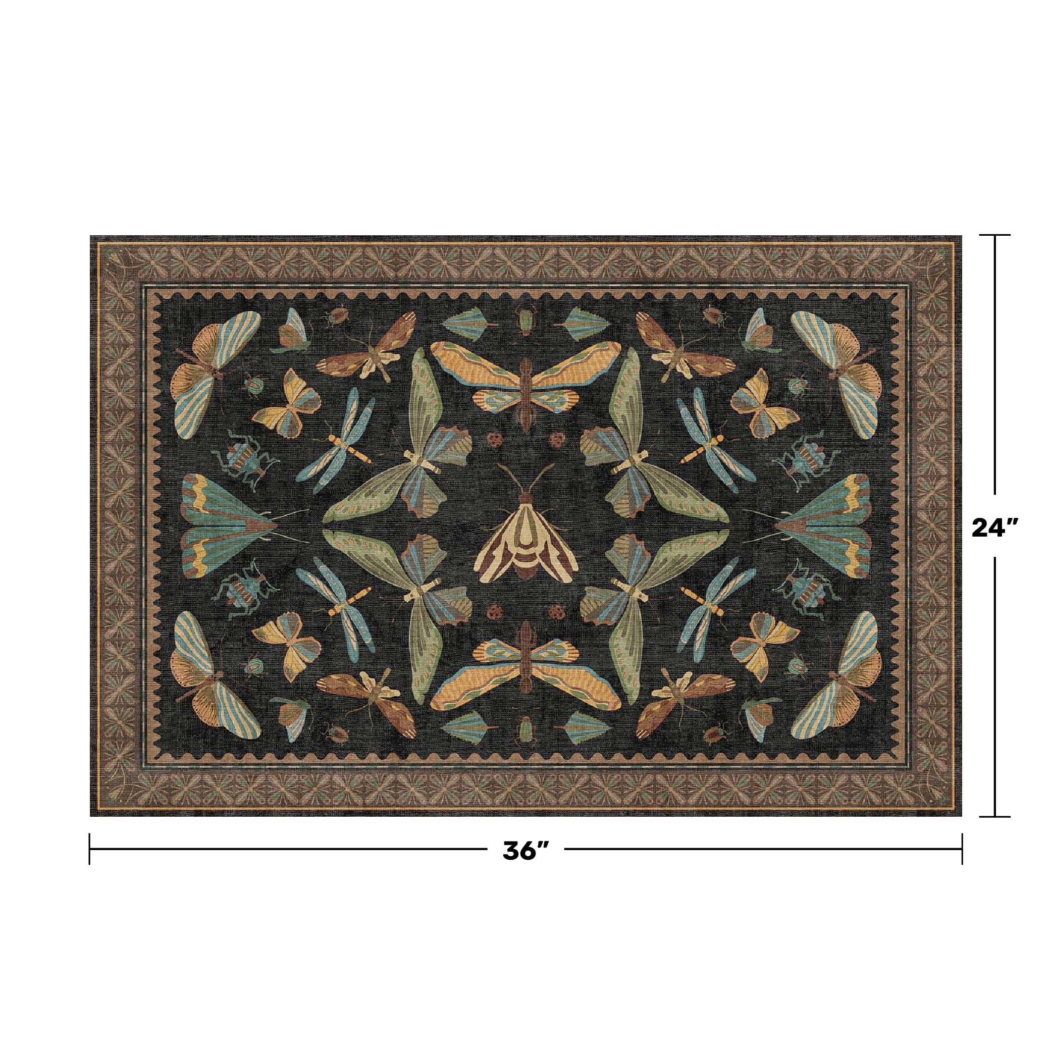 Hazo Haus insect-pattern rug close-up highlighting vintage moths and butterflies.