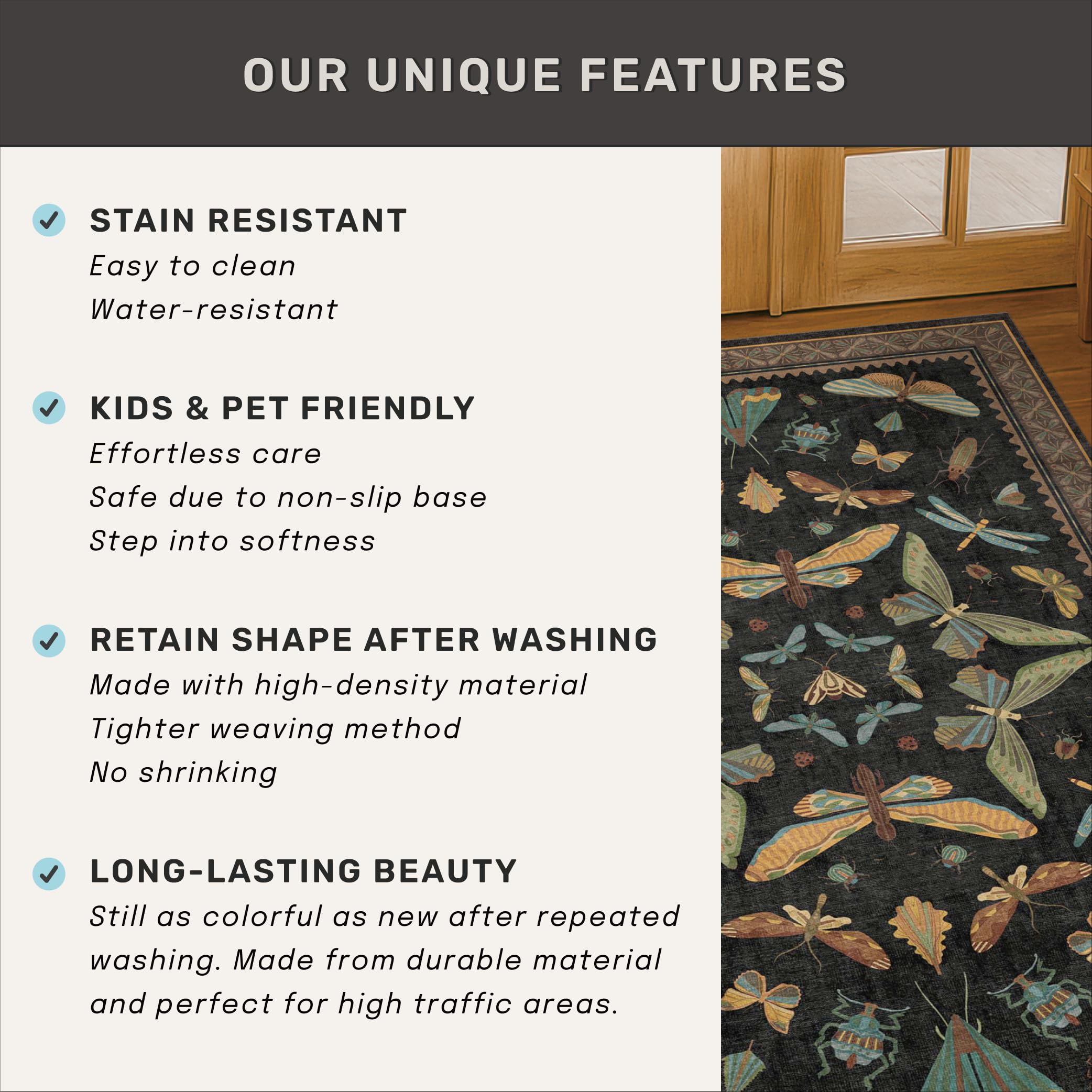 Hazo Haus pet-friendly entry rug withstands messes with daily use.