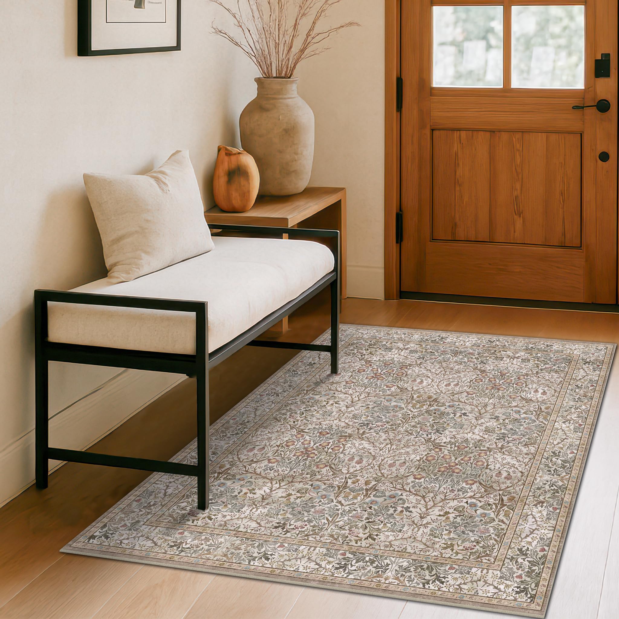 Hazo Haus Vintage 4x6 Entryway Rug with floral moss green pattern for busy foyers.
