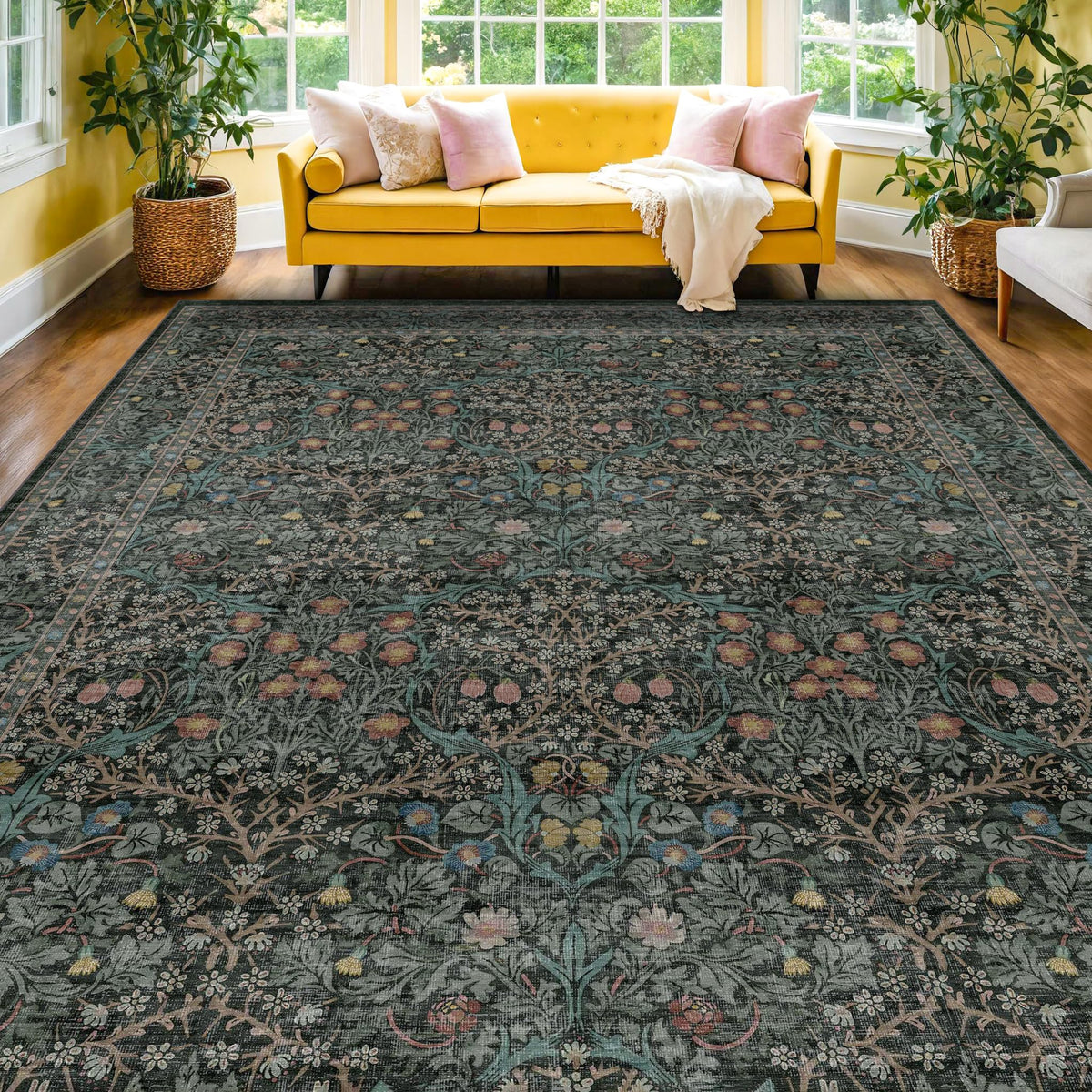 Hazo Haus vintage botanical pattern rug 8x10 enhances living room with timeless color and intricate detail.