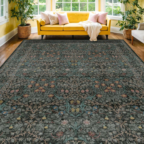 Hazo Haus vintage botanical pattern rug 8x10 enhances living room with timeless color and intricate detail.