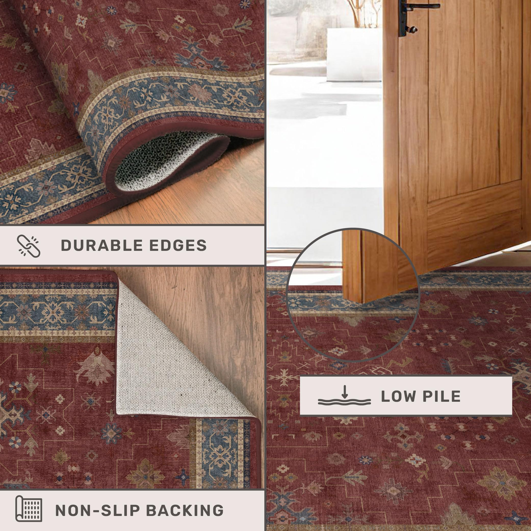 Hazo Haus vintage distressed burgundy rug enhances traditional decor.