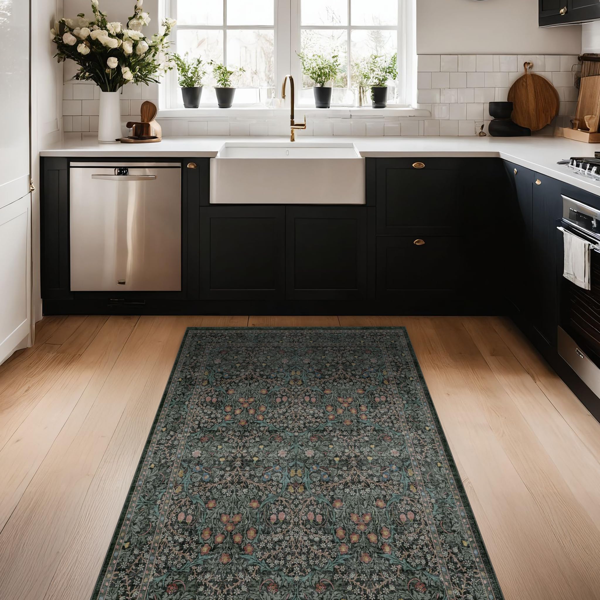 Hazo Haus kitchen rug adds color and resists everyday spills.