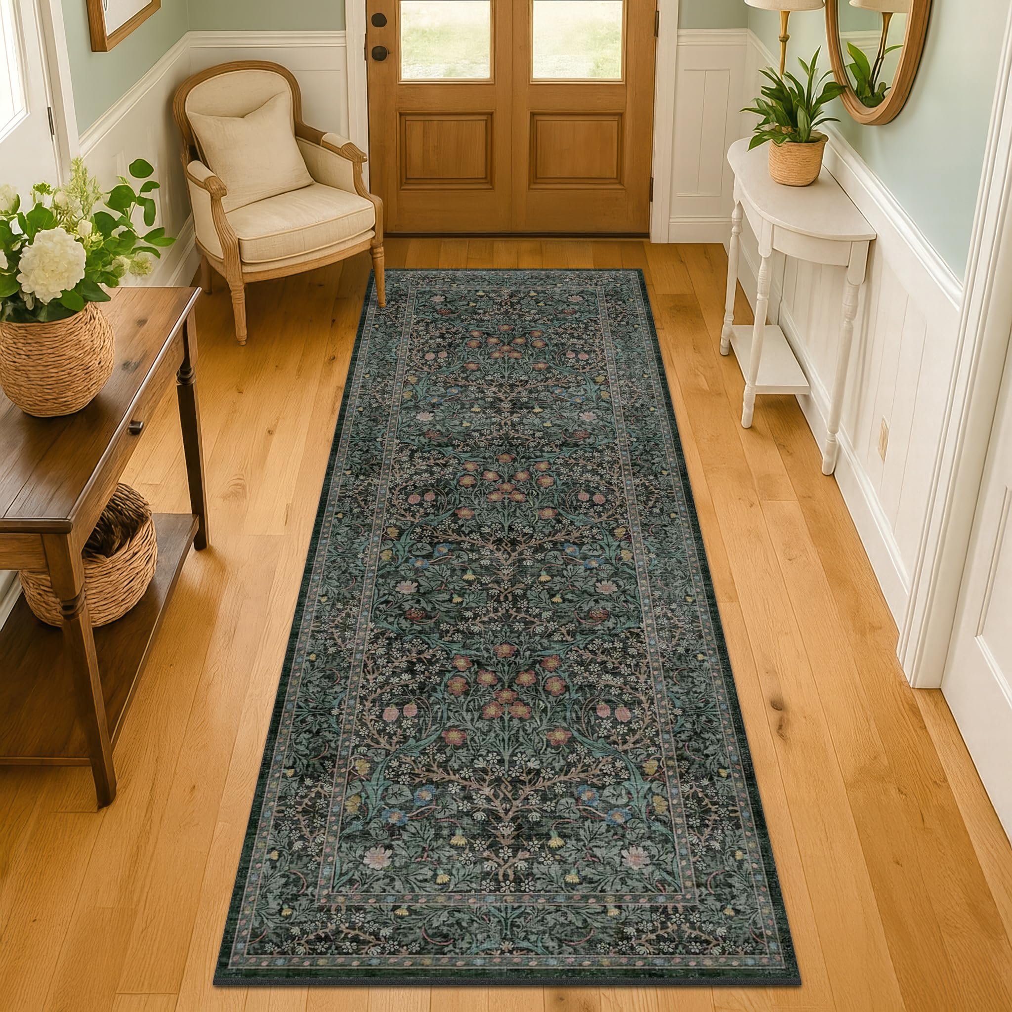 Hazo Haus vintage floral dark-green-black rug with bold botanical motifs for living spaces.