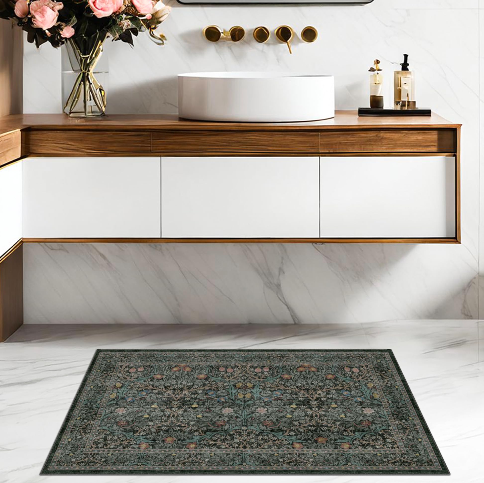 Hazo Haus vintage floral rug in kitchen adds botanical charm