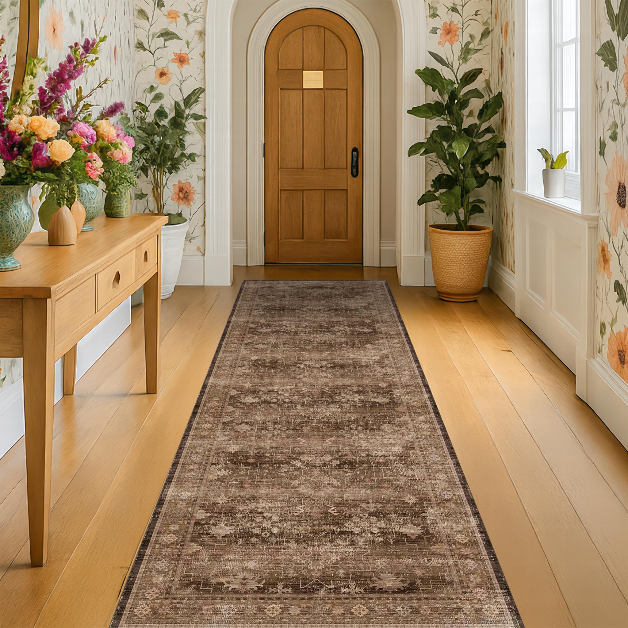 Hazo Haus washable 10ft entryway runner with versatile brown tones for busy homes.
