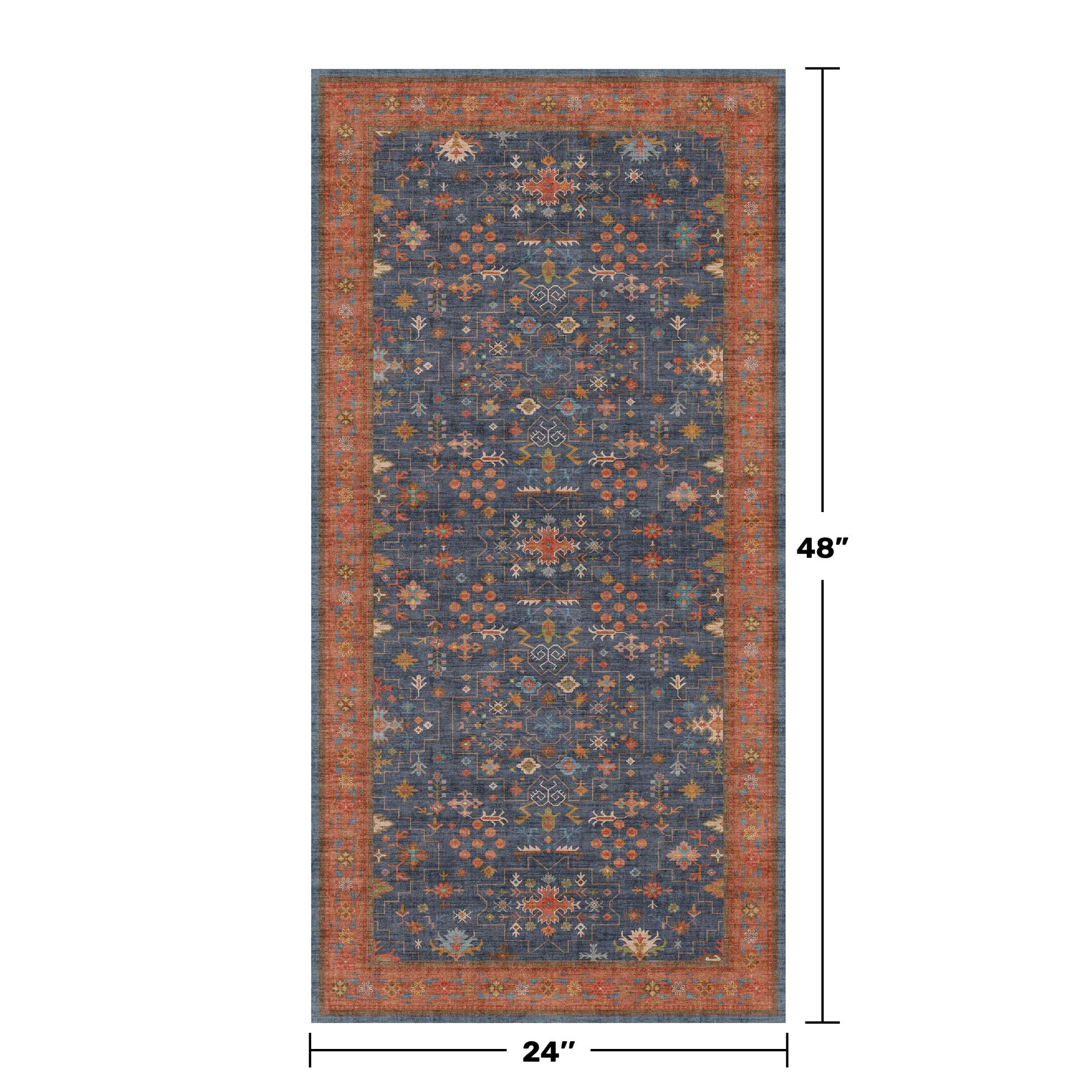 Hazo Haus navy blue tribal pattern rug adds a focal point in a busy entryway.