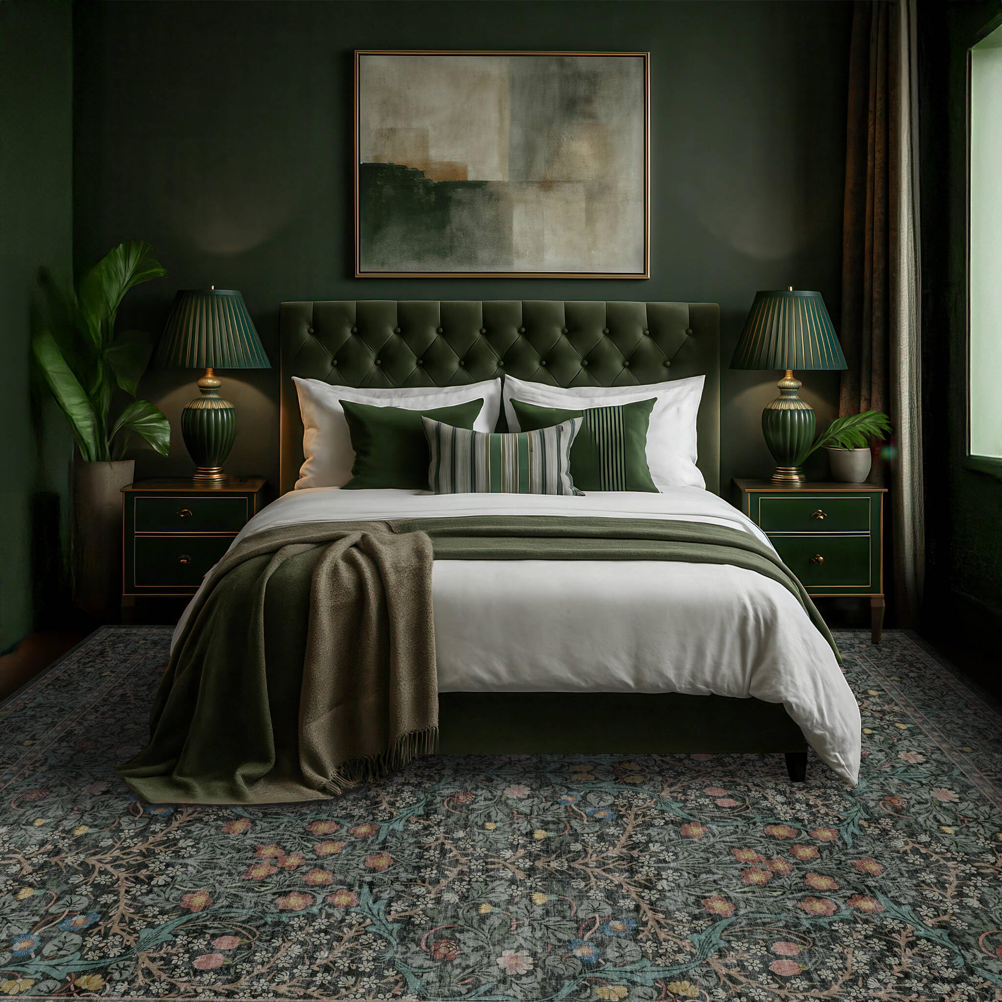 Hazo Haus dark green rug with non-slip backing stays in place