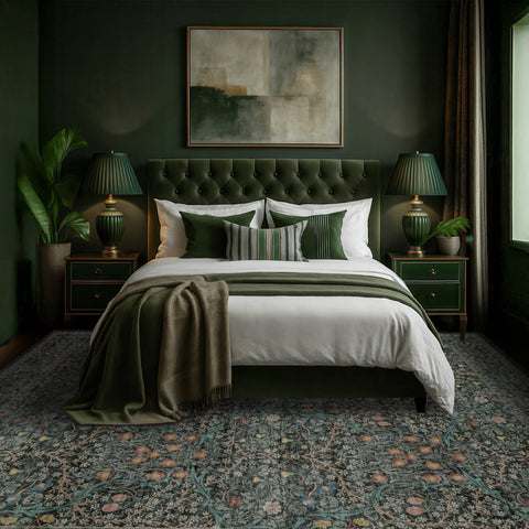 Hazo Haus dark green rug with non-slip backing stays in place