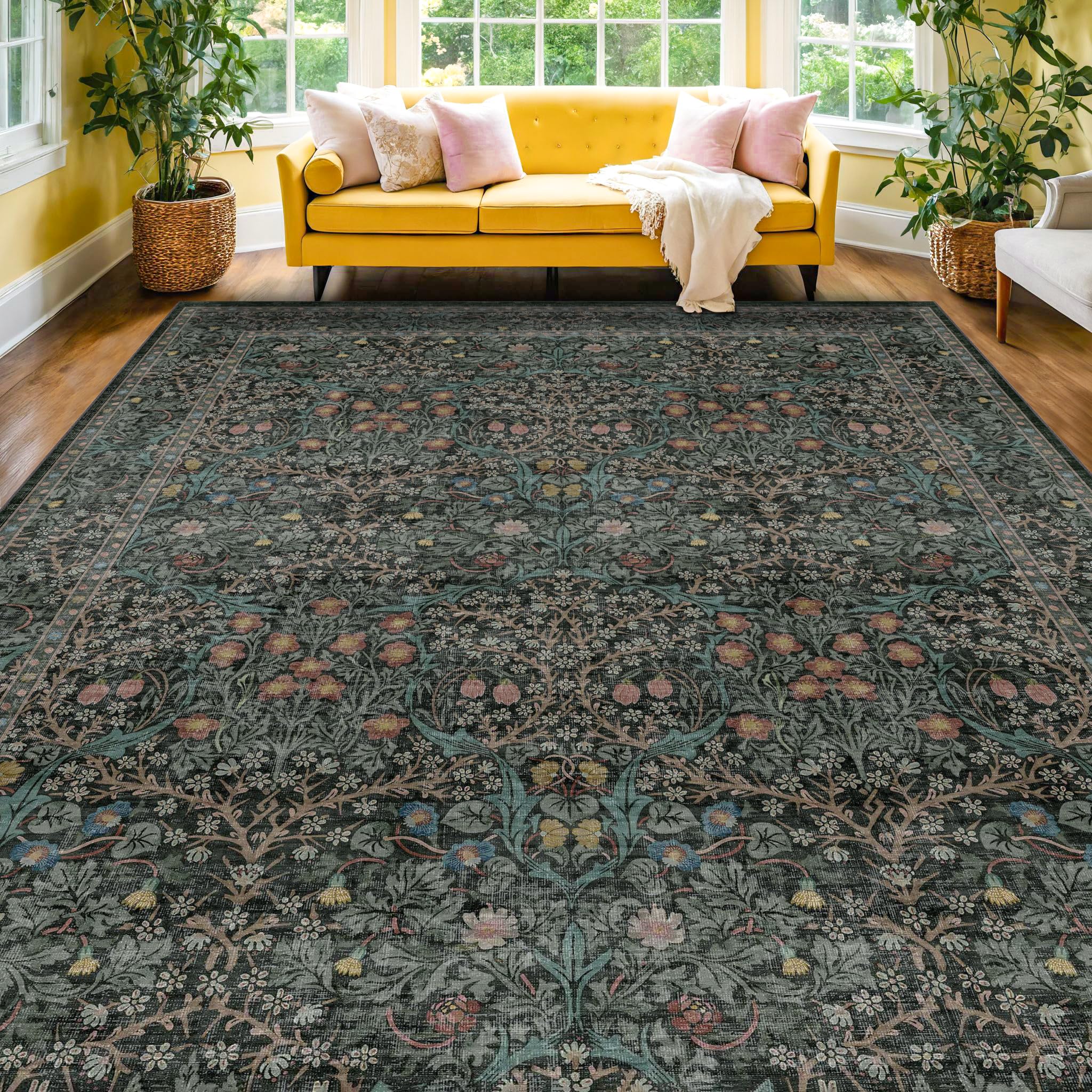 Hazo Haus washable dark green rug with vintage botanical design for living room ambiance