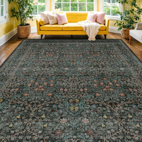 Hazo Haus washable dark green rug with vintage botanical design for living room ambiance