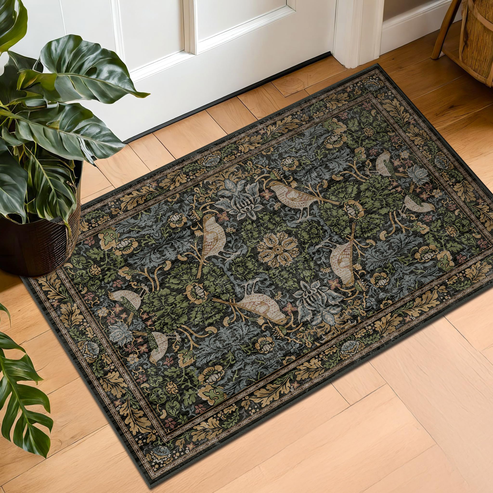 Hazo Haus washable dark vintage floral rug 2x3, easy-clean surface for high-traffic entryways.