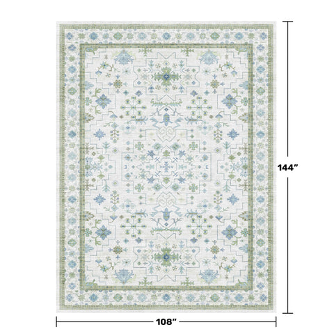 Hazo Haus washable oriental rug in blue and green tones for busy homes