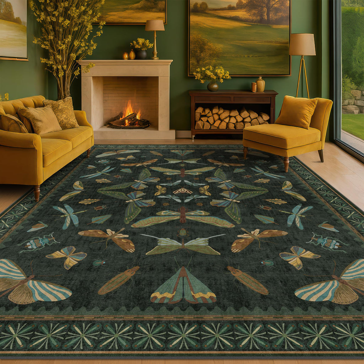 Hazo Haus dark green insect area rug top view adds durable 8x10 elegance to living rooms