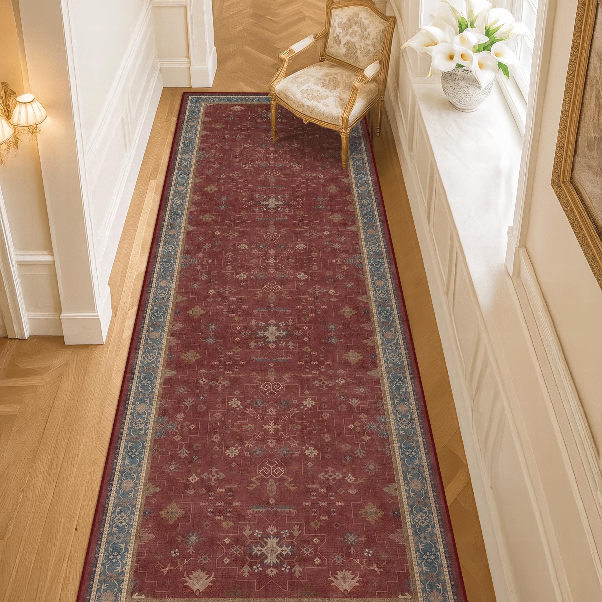Hazo Haus dark red hallway runner with non-slip backing for secure hallway use