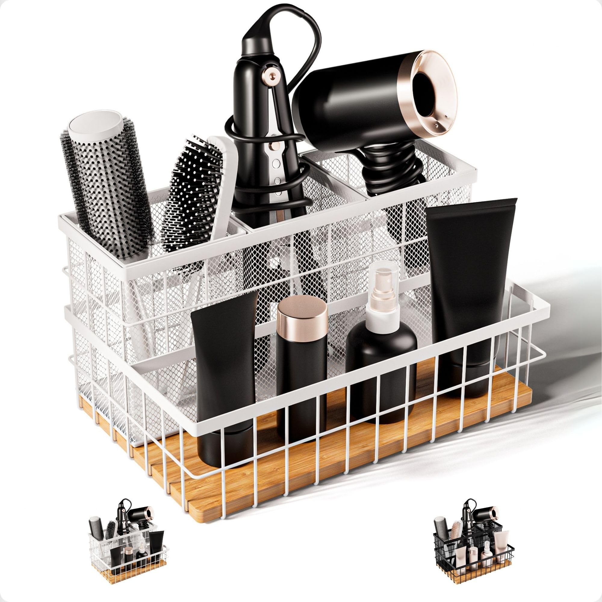 HB Design Co hair tool organizer on countertop keeps tools within reach.