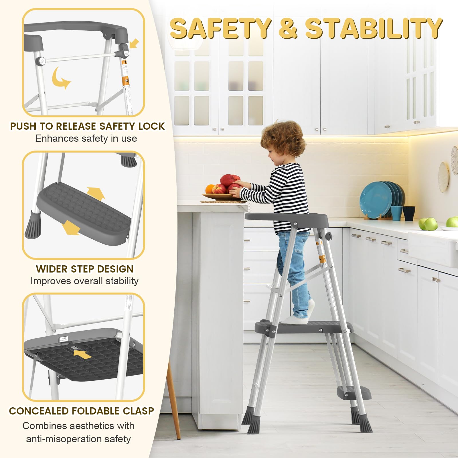 HBTower Kids 2 Steps Stool anti-slip feet on a kitchen floor