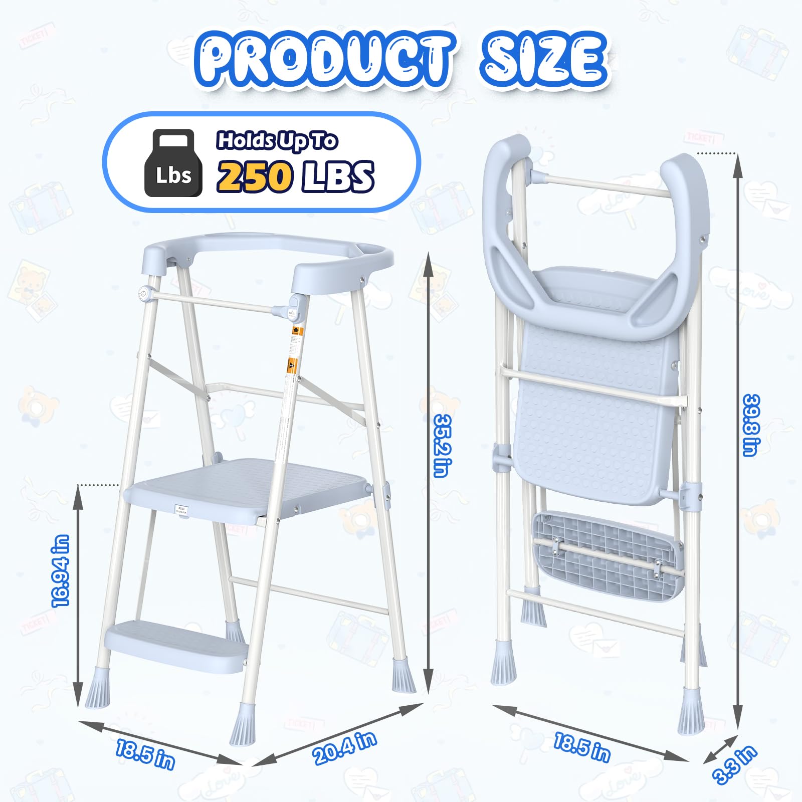 HBTower Kids 2 Steps Stool blue with anti-slip rails for safe climbing.