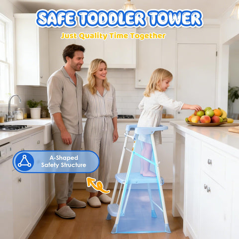 HBTower Kids 2 Steps Stool blue, child standing at counter with ease.