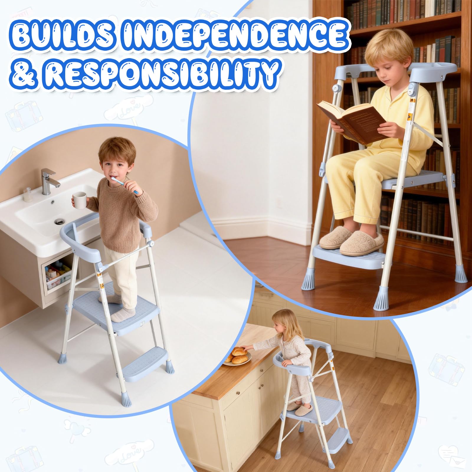 HBTower Kids 2 Steps Stool blue lightweight aluminum design.