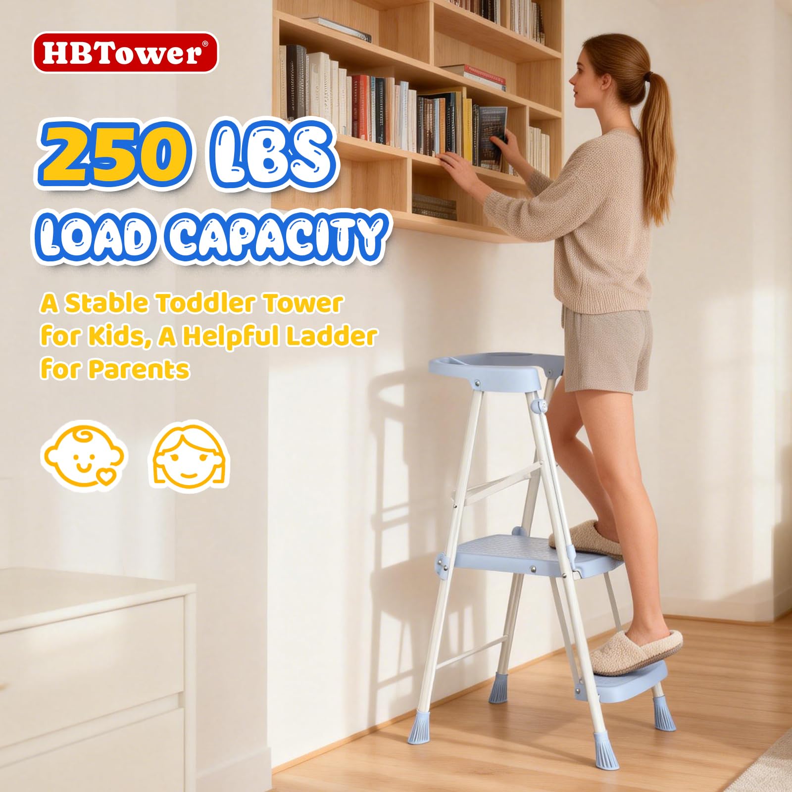 HBTower Kids 2 Steps Stool blue non-slip feet on floor.