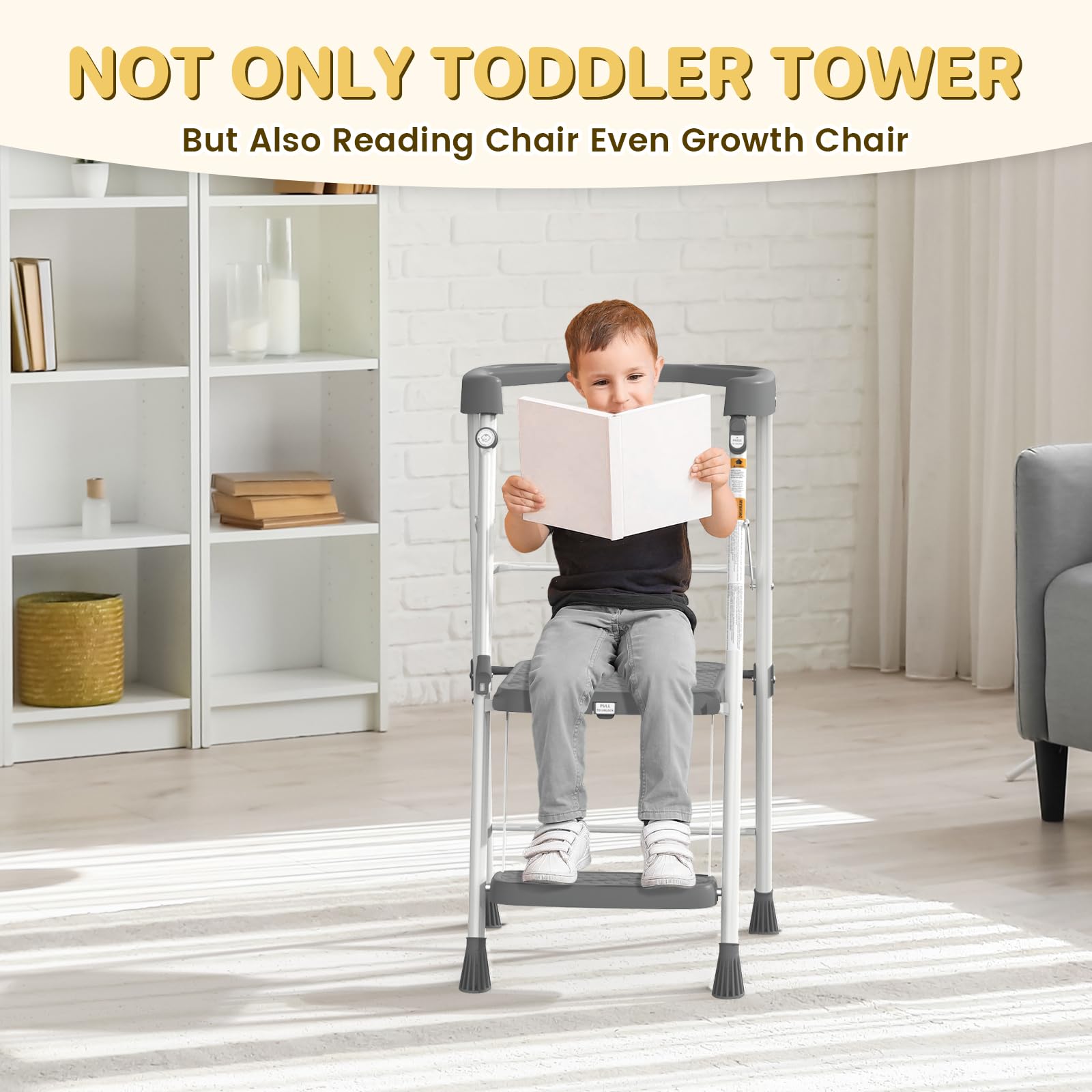 HBTower Kids 2 Steps Stool in use at the counter helping a child learn independence
