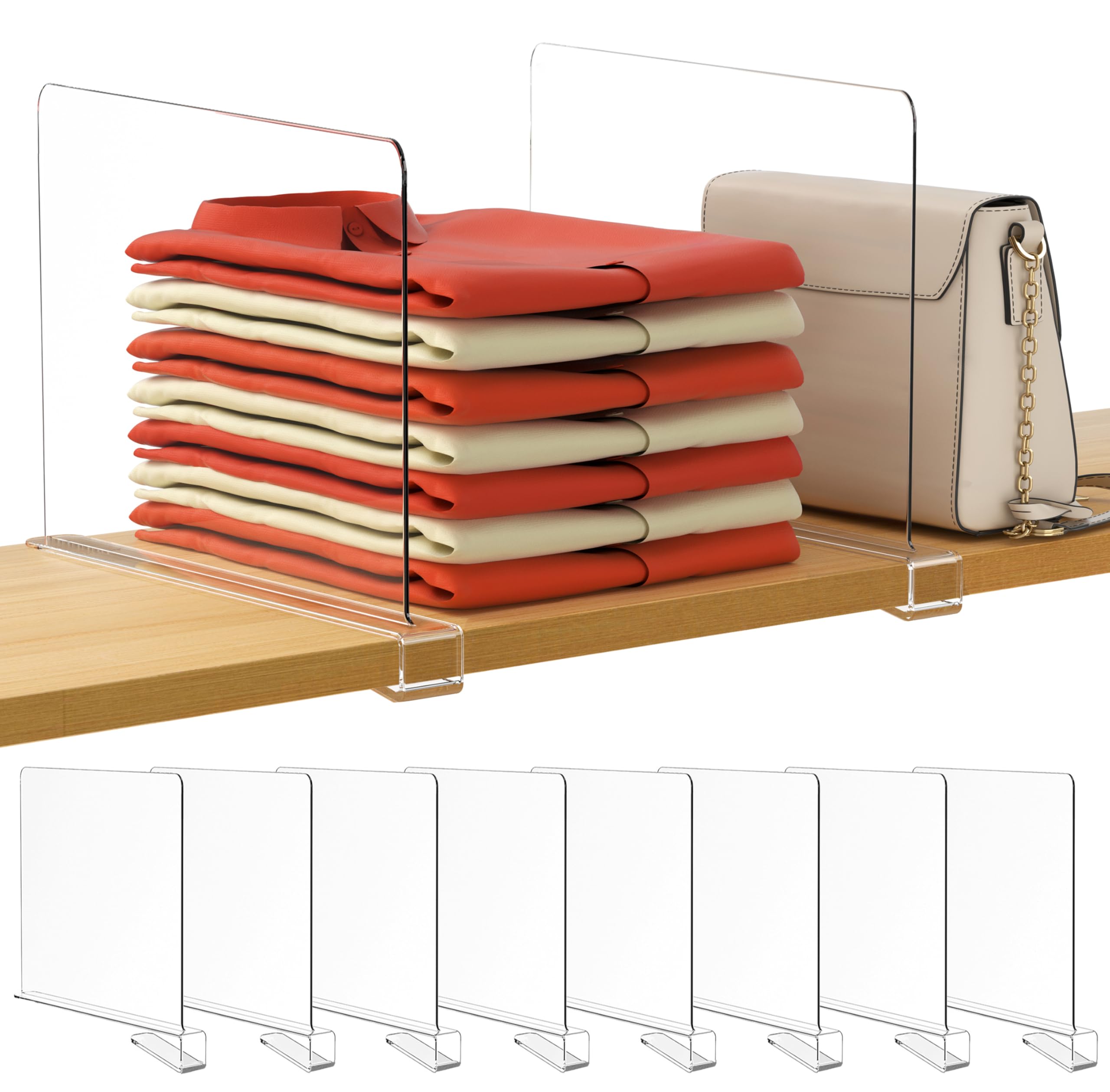 HBlife clear shelf divider keeps purses organized on a closet shelf.