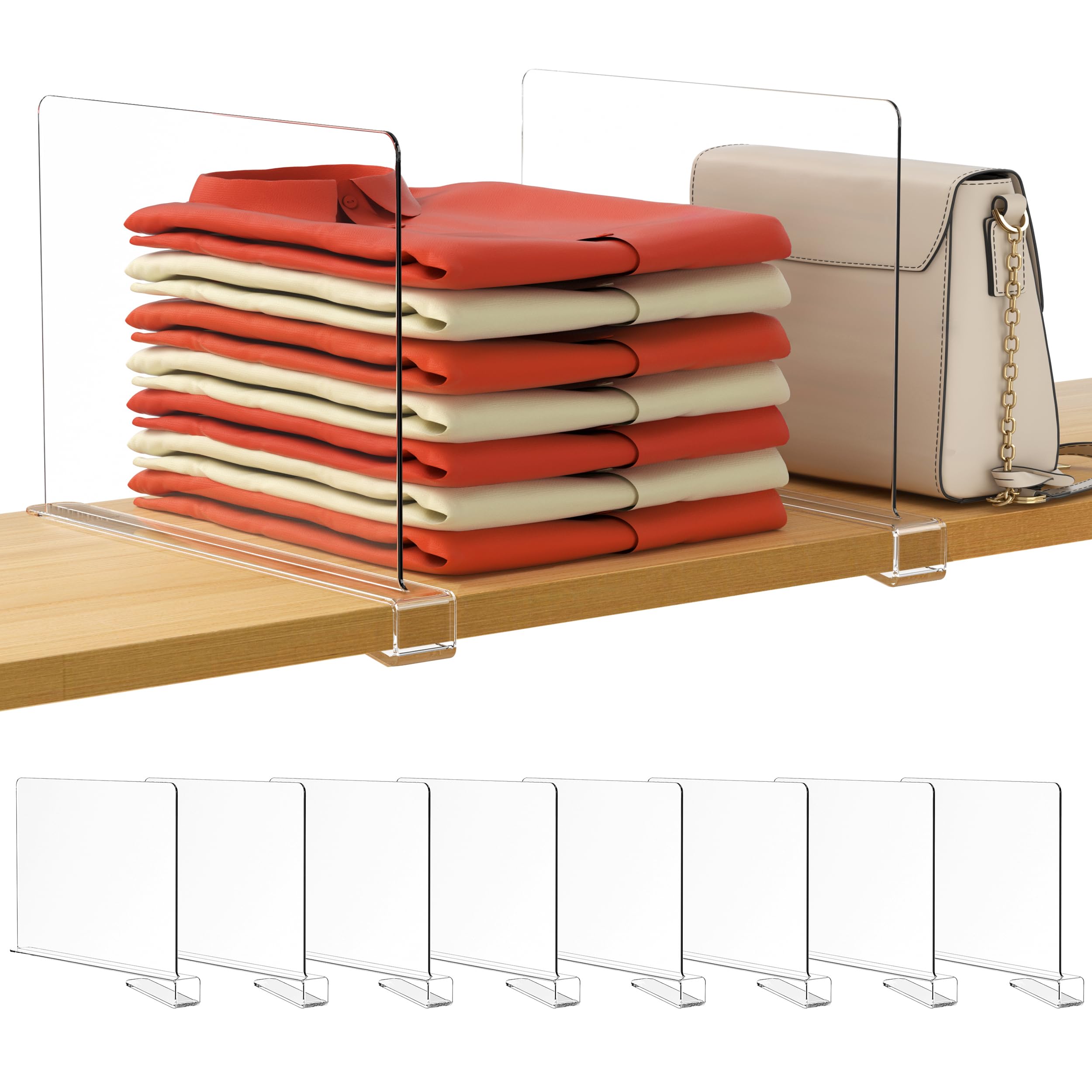HBlife clear shelf divider highlights organized purses on a vertical closet shelf