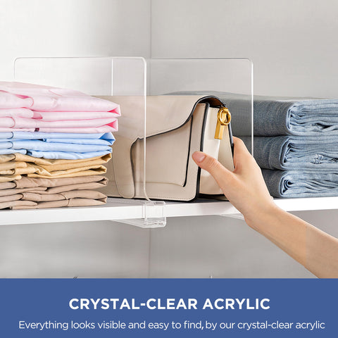 HBlife clear shelf divider maintains handbag organization in a wardrobe.