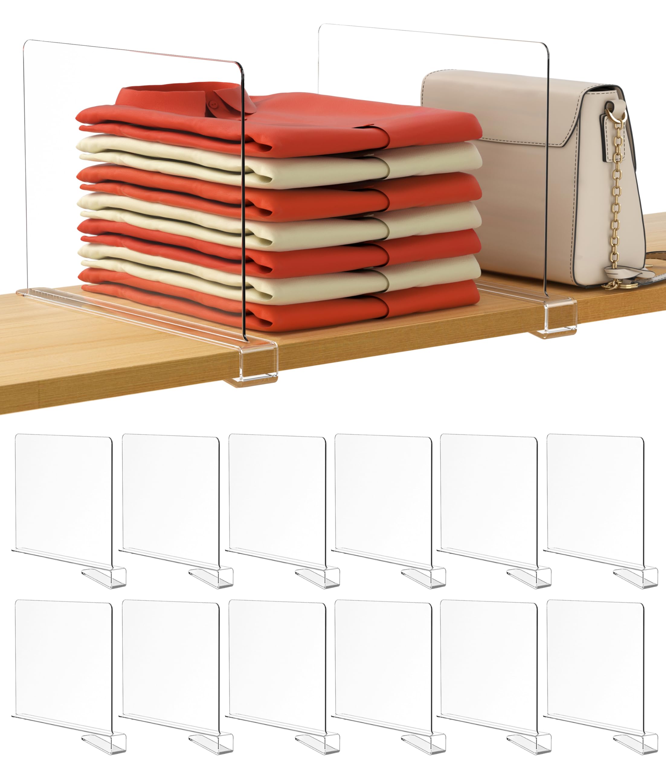 HBlife clear shelf divider on closet shelf for vertical purse organization.