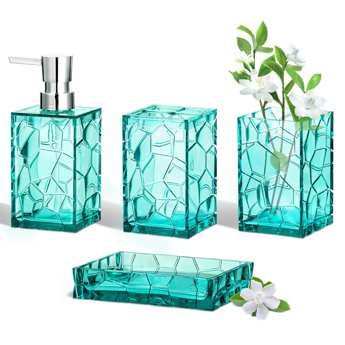HBlife teal acrylic bathroom collection seen from the front with crystal-like shine