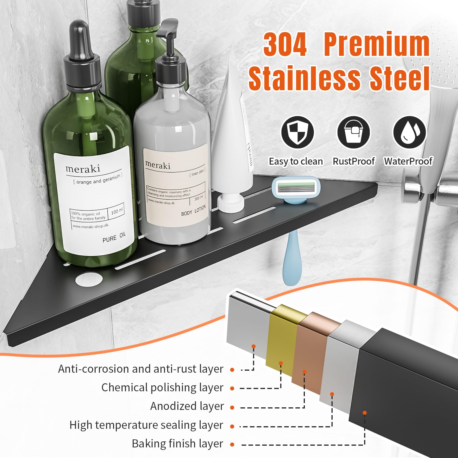 HBXS 10x10 inch corner shelf; modern 90-degree corner fit for tight or wide bathrooms.