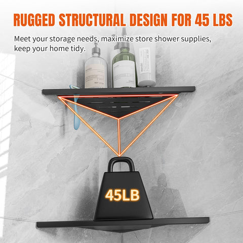 HBXS no-drill tile shelf; grout-mounted stability without adhesive hooks.