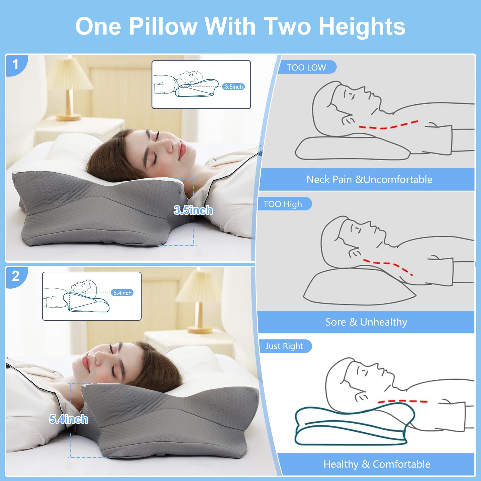 Removable, machine-washable pillowcase for easy cleaning and freshness.