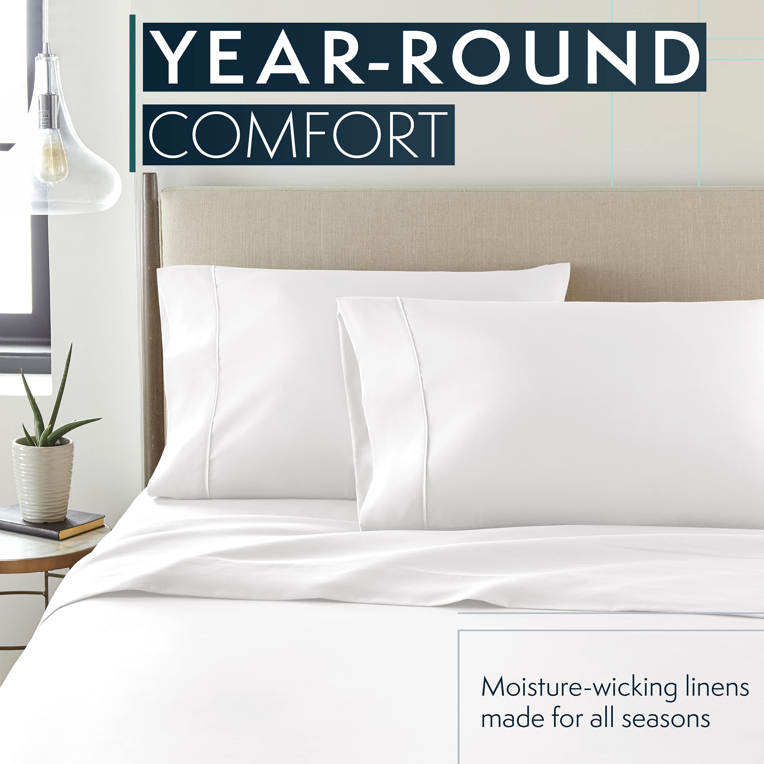 HC COLLECTION white bed sheets set helps create a calm, refreshed morning in a cozy bedroom.