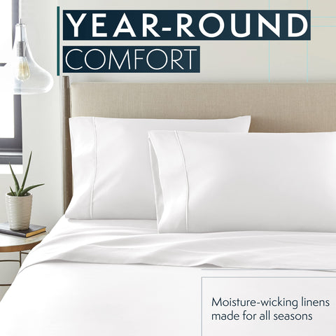 HC COLLECTION white bed sheets set helps create a calm, refreshed morning in a cozy bedroom.