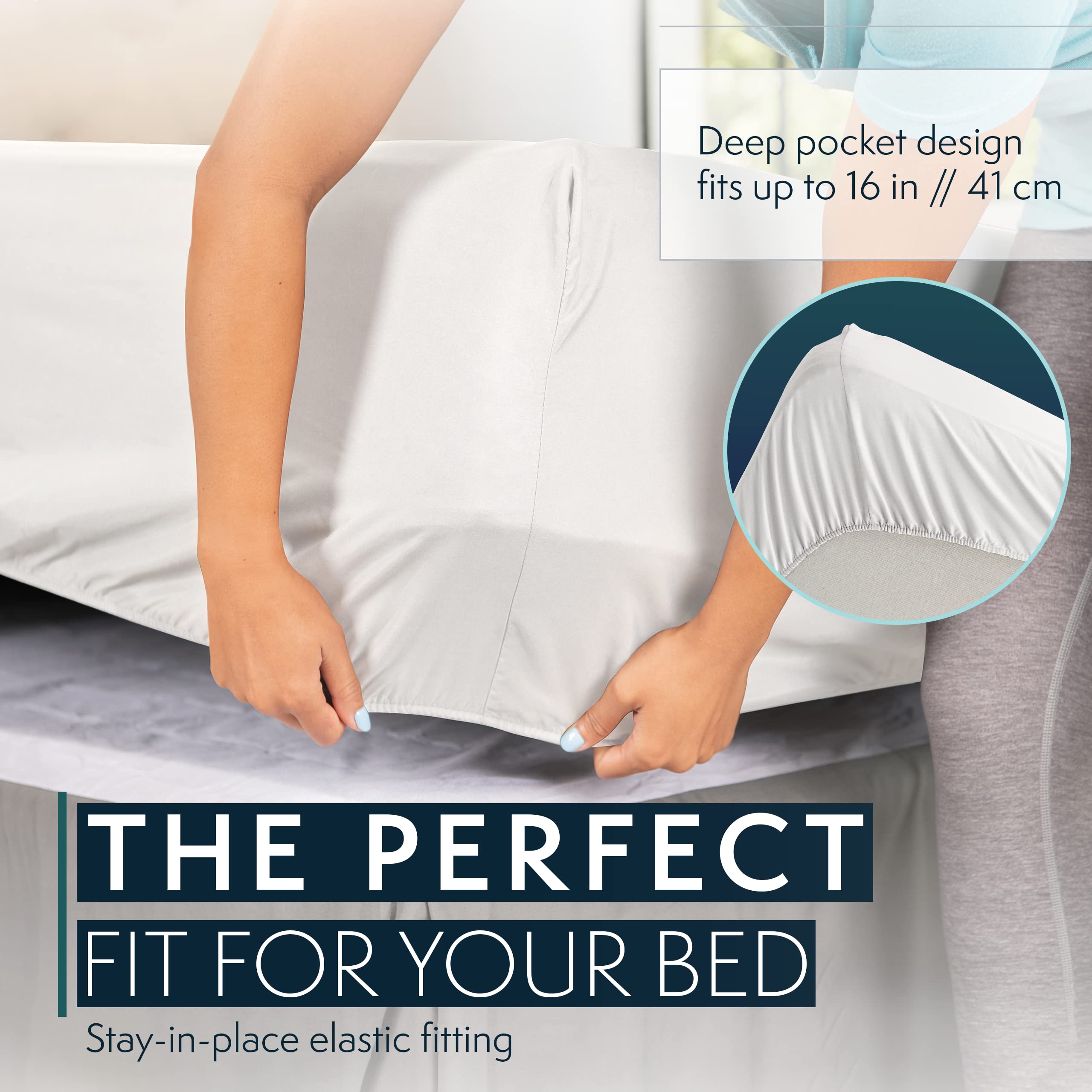 HC COLLECTION deep-pocket edge shows secure fit over tall mattresses.