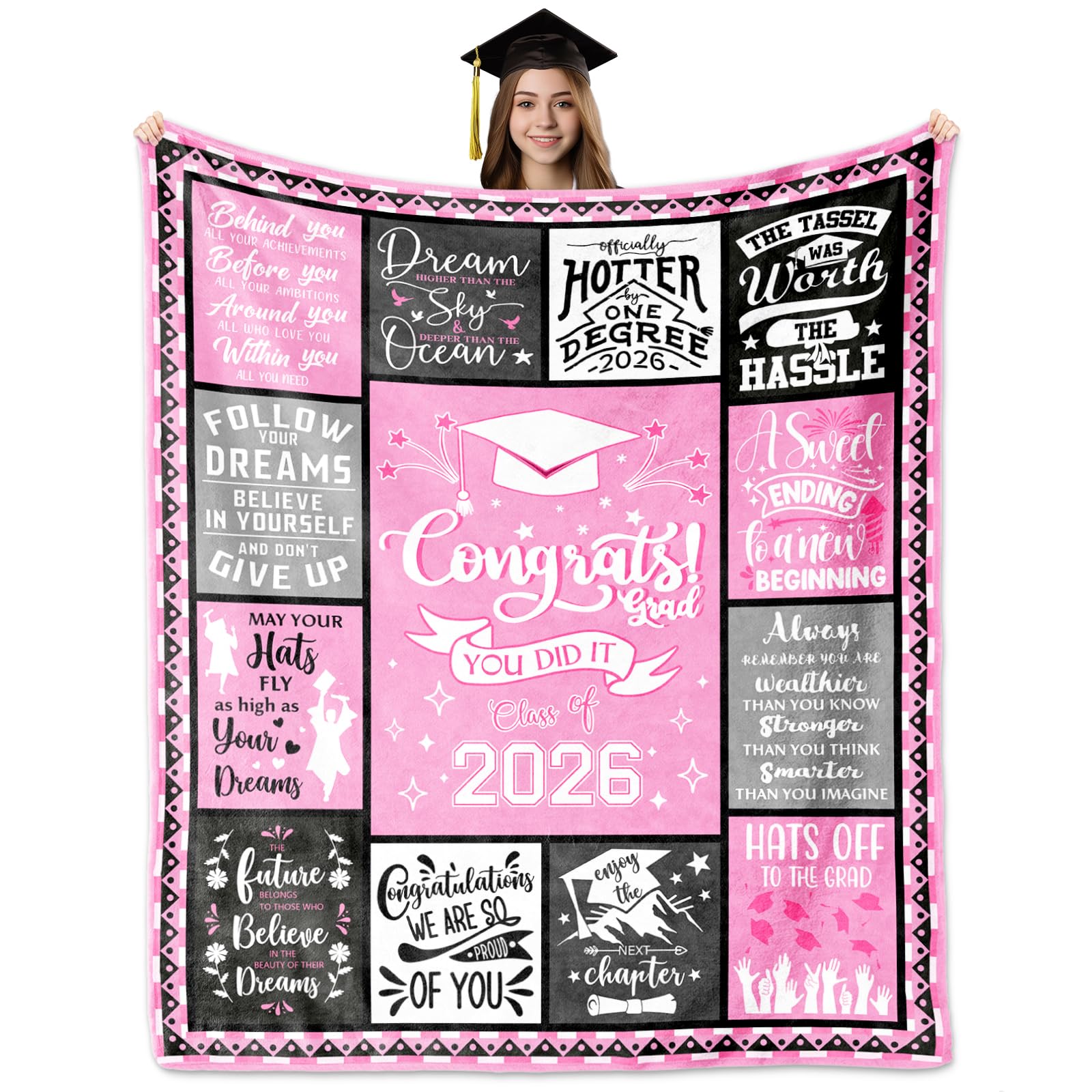 HCDER 2026 graduation blanket unfolded on sofa for cozy study sessions