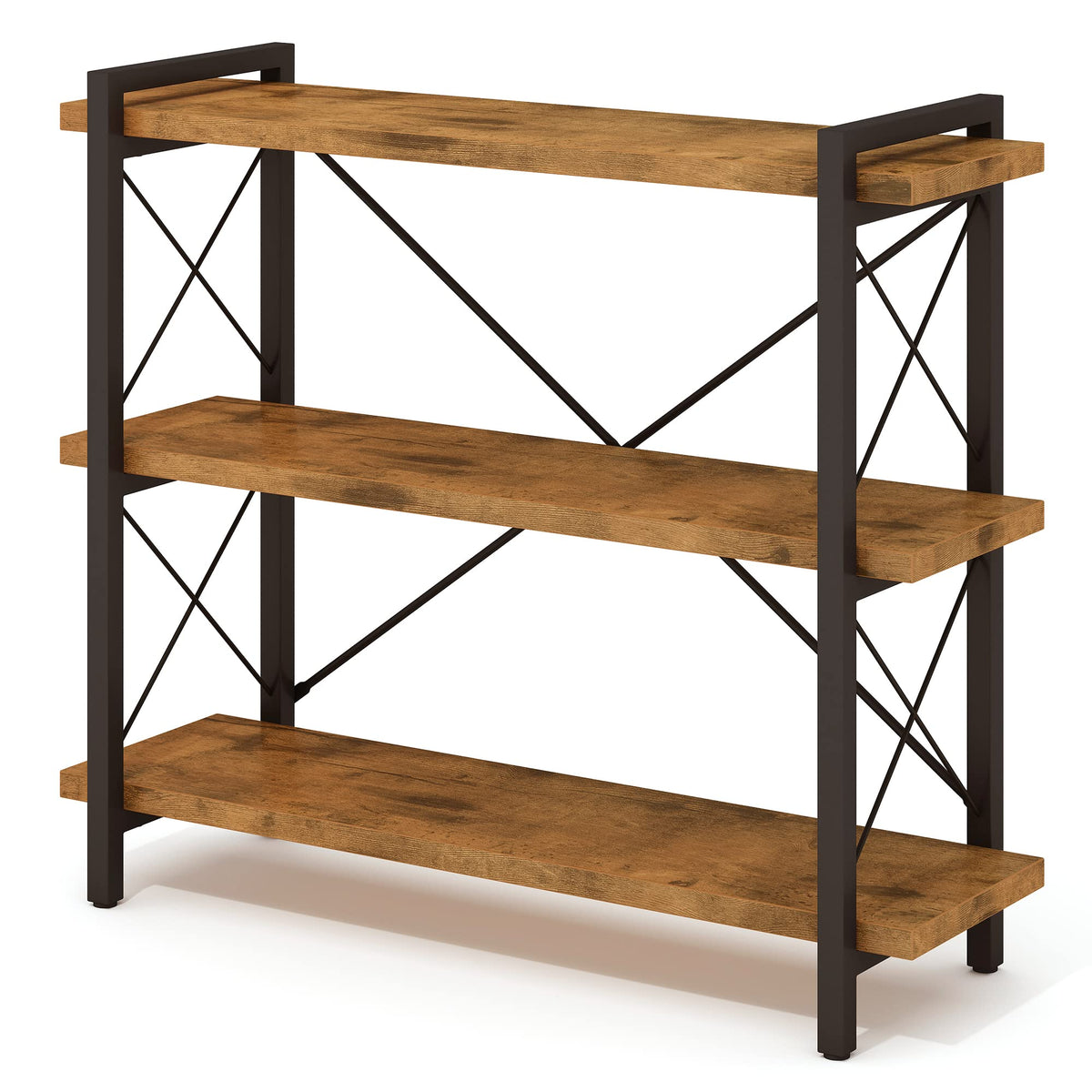 HCHQHS Bookshelf 3-Tier front view with rustic wood and metal frame for versatile storage