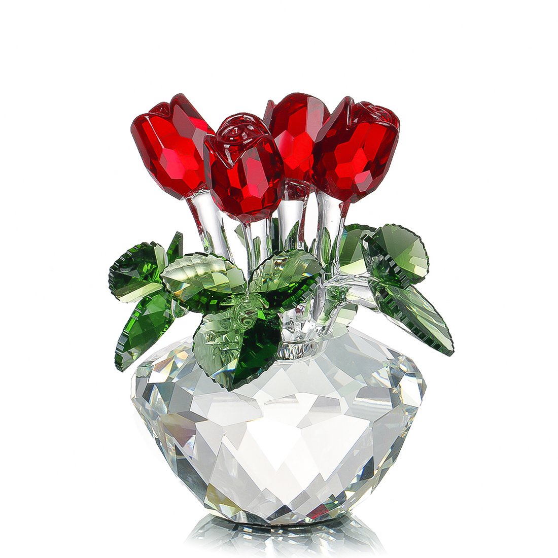 H&D HYALINE & DORA red rose figurine front view showing crystal clarity for display