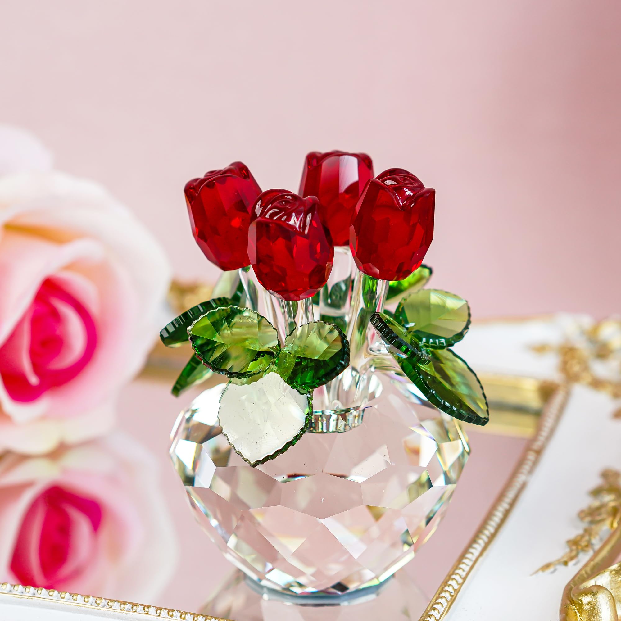 H&D HYALINE & DORA red rose ornament on shelf with shimmering glow