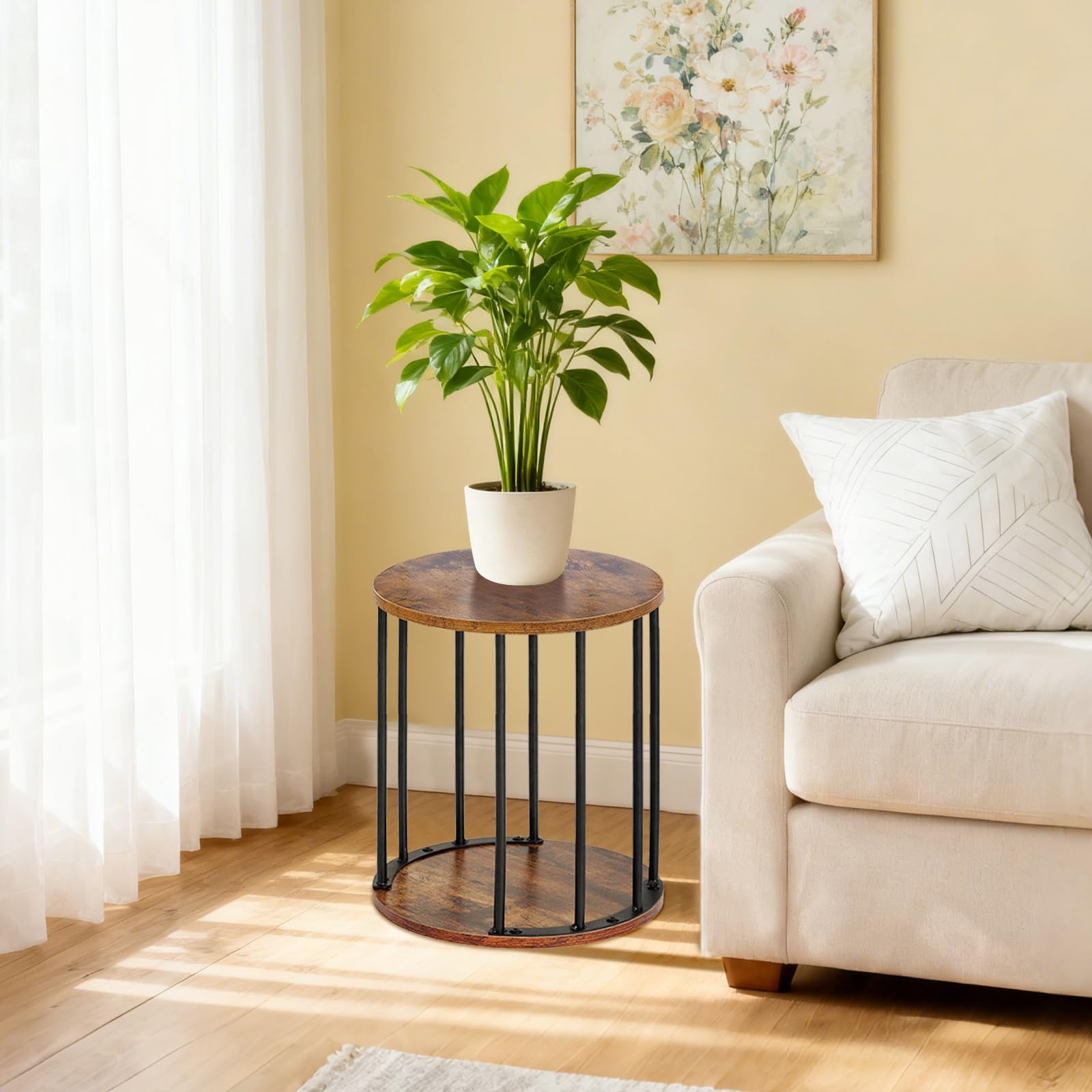 HDANI round wooden stool top view demonstrates compact footprint for plant stands