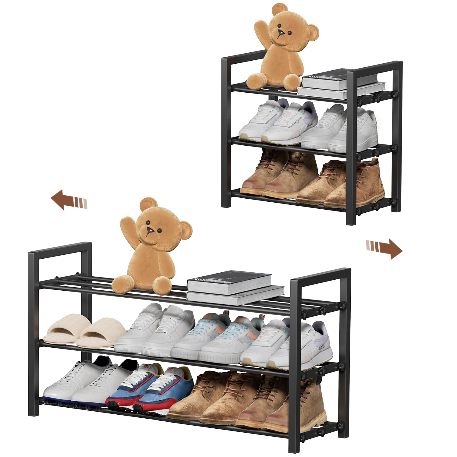HDDTTZ 3-tier expandable shoe rack front view demonstrates sturdy storage for sneakers.