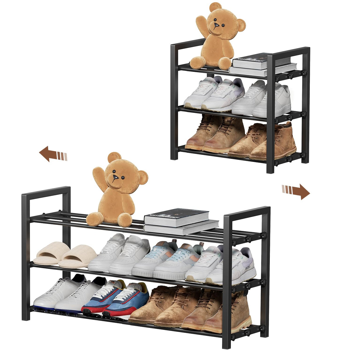 HDDTTZ 3-tier expandable shoe rack front view demonstrates sturdy storage for sneakers.