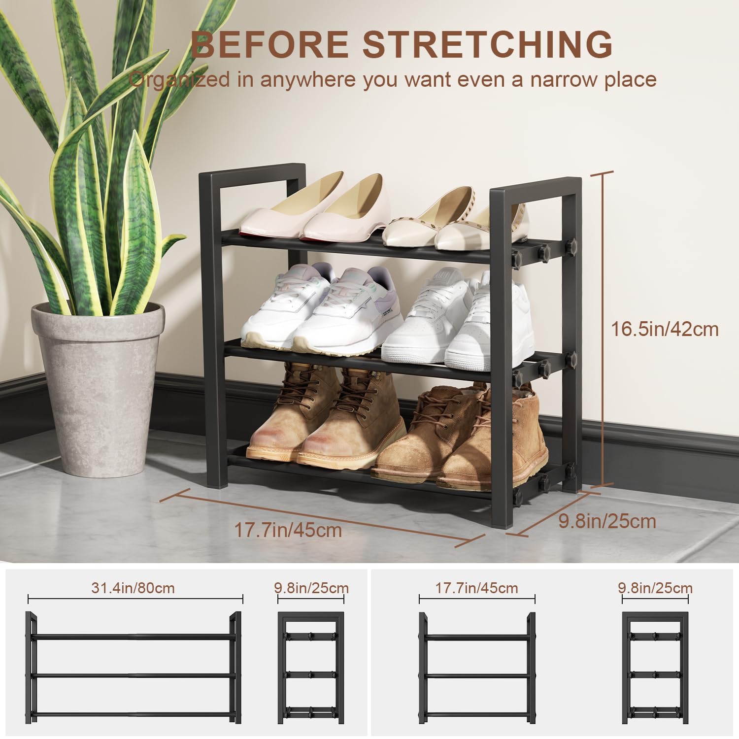 HDDTTZ 3-tier expandable shoe rack in closet stacked shows vertical storage efficiency.